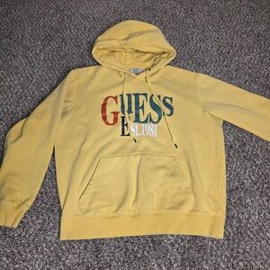 Vintage Guess Originals Hoodie Mens Medium Yellow Fleece Pullover Est 1981 Logo